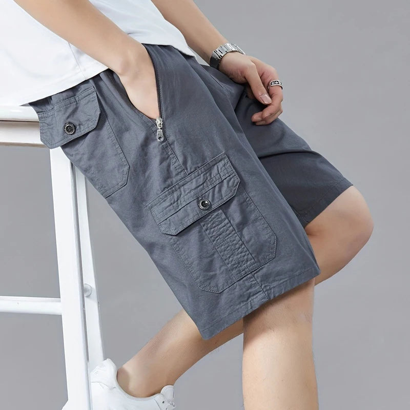 Cotton Cargo Shorts Man Casual Solid Elastic Waist Drawstring Shorts Summer Breathable Lightweight Outdoor Leisure Short Pants