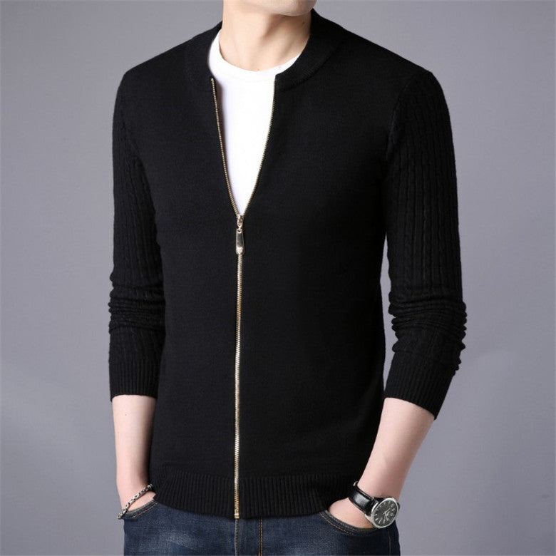Solid Color Twist Knit Cardigan With Zip Sweater Coat