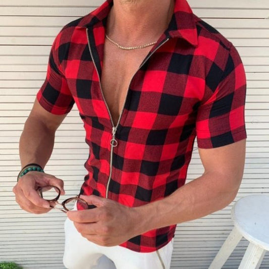 Plaid T Shirt Mens Zipper Short Sleeve Shirts Summer Men Clothing by http://Lolyshop.shop