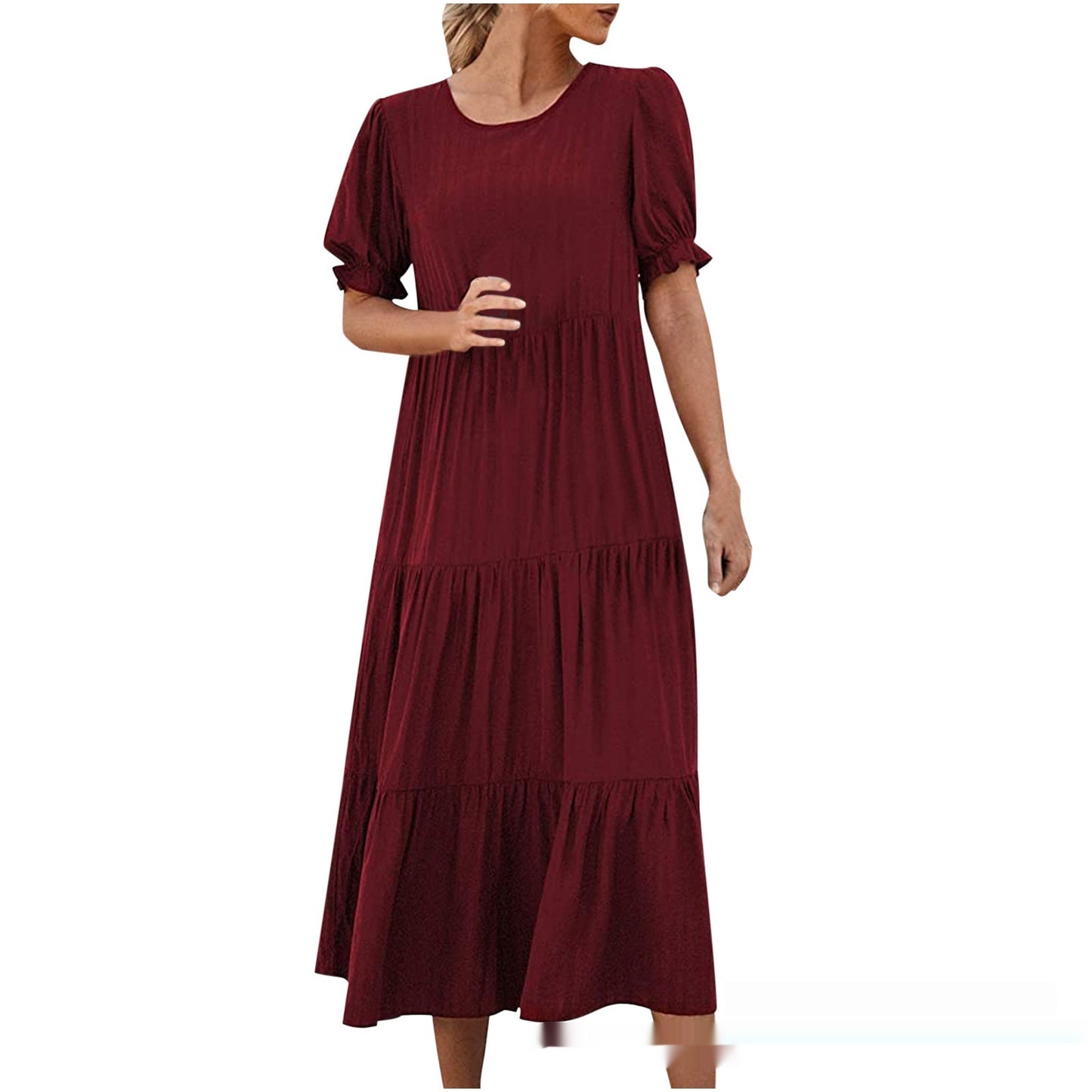 Printed Solid Color Round Neck Short Sleeves Casual Pleated Swing Dress Women