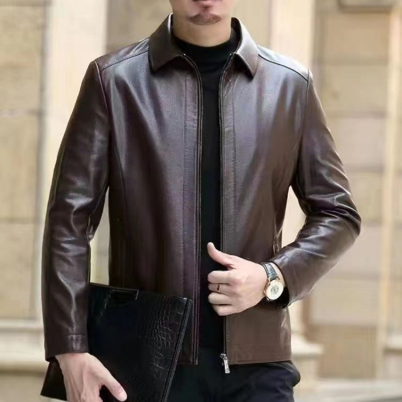Leather Jacket For Middle-aged Men Leather Clothing With Stand Collar Men Fleece-lined by http://Lolyshop.shop
