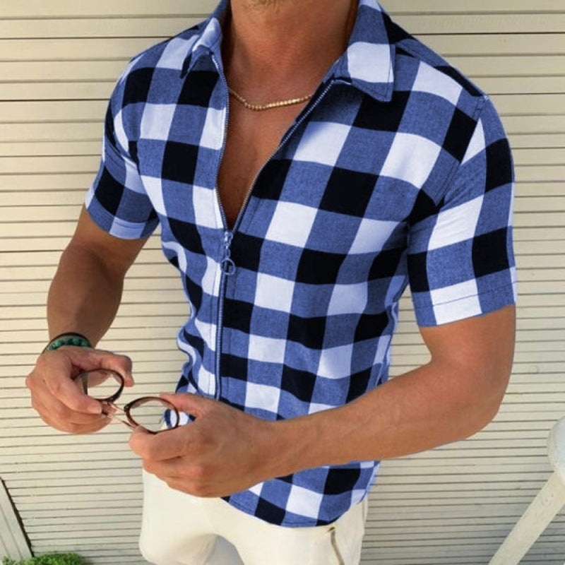 Plaid T Shirt Mens Zipper Short Sleeve Shirts Summer Men Clothing by http://Lolyshop.shop