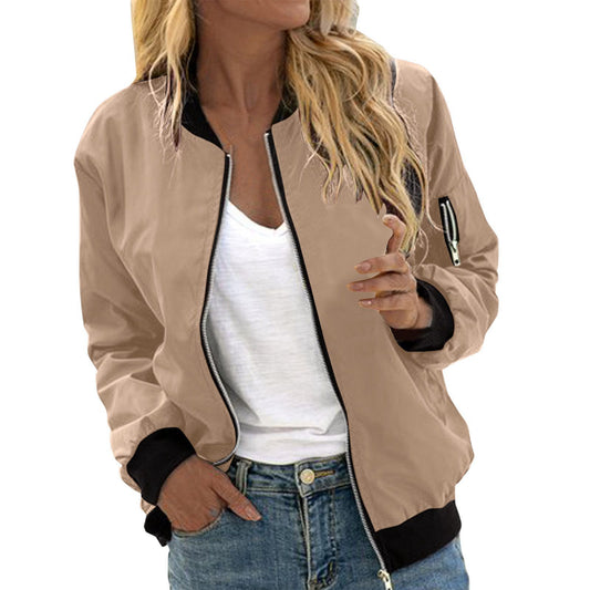 Women's Solid Color Cool Girl Baseball Jackets Round Neck Zipper Vintage Bomber Jacket Autumn Casual Female Bomber Jacket Chic Outerwear by http://Loyshop.shop