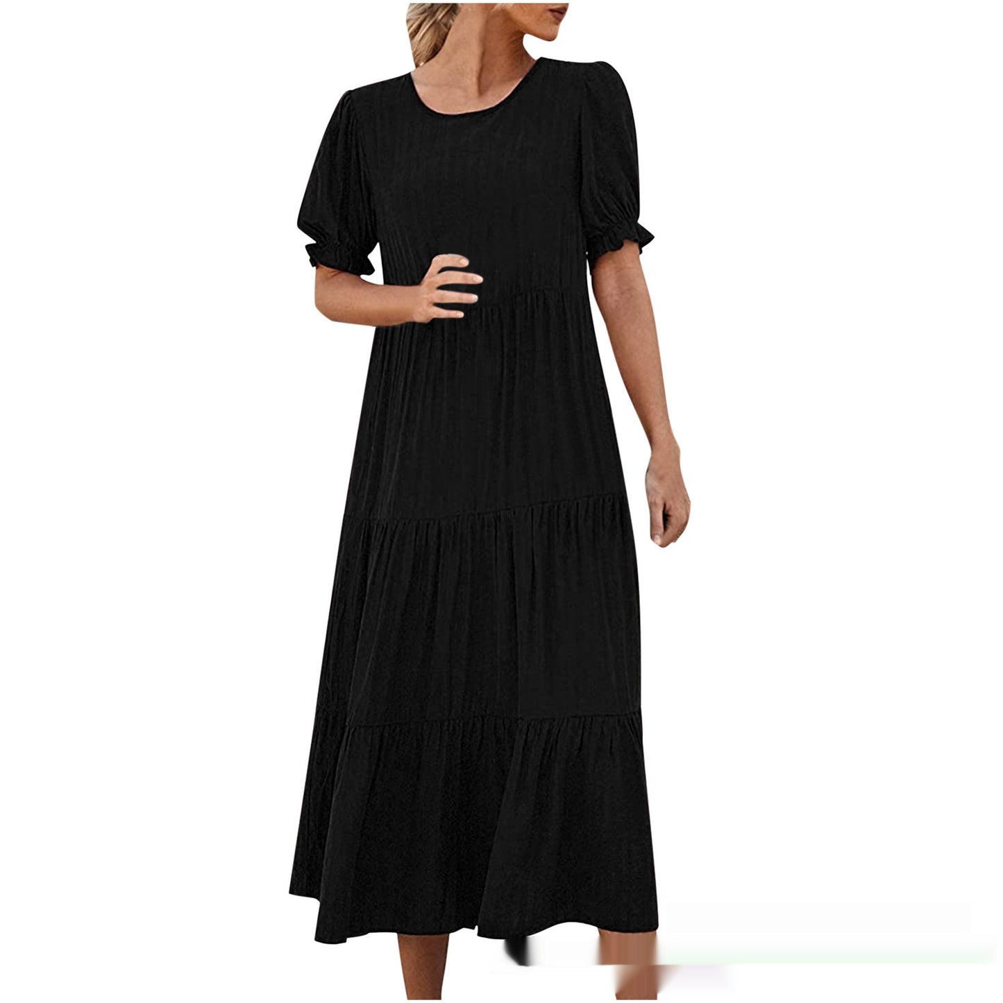 Printed Solid Color Round Neck Short Sleeves Casual Pleated Swing Dress Women