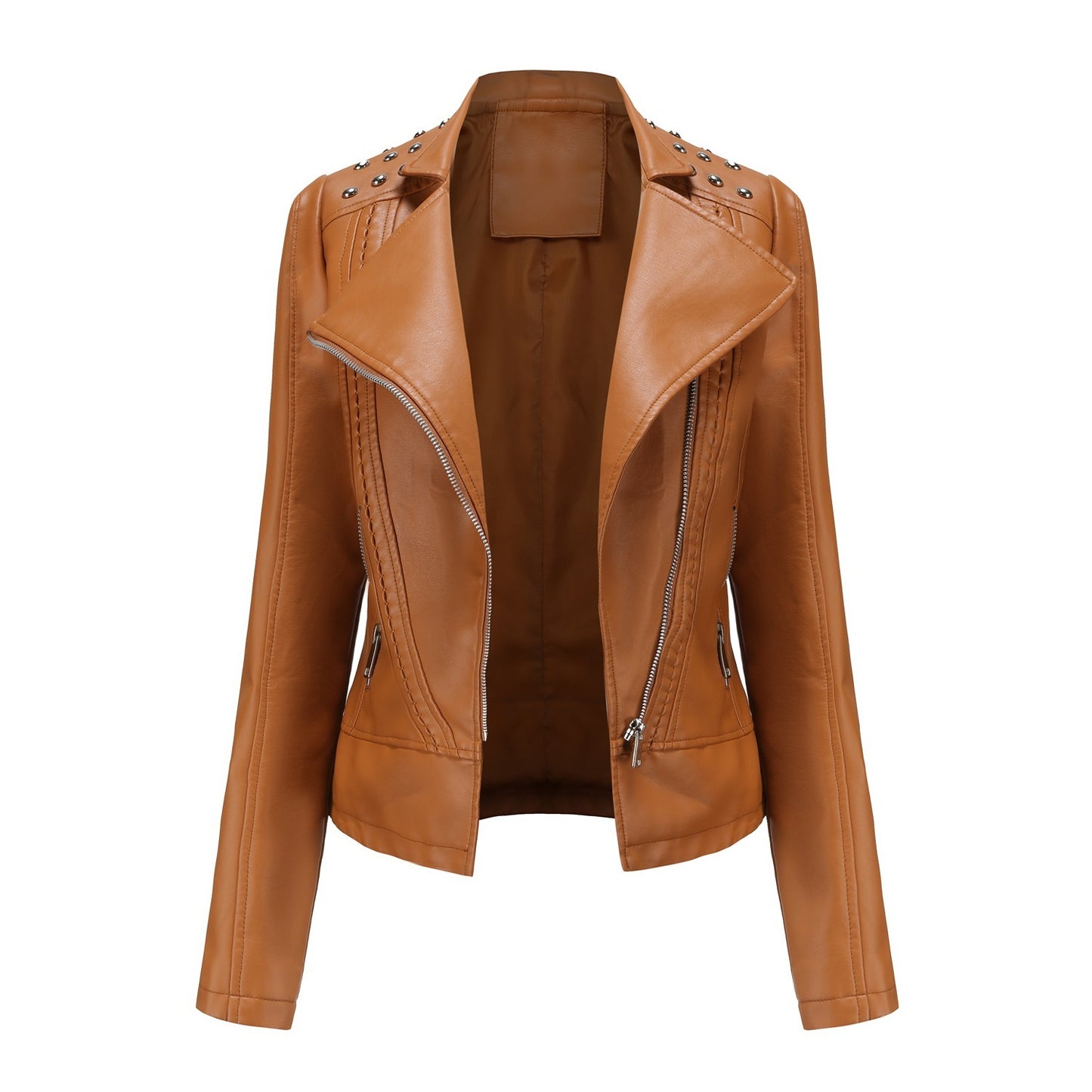 Beaded Leather Women's Long-sleeved Fashion Jacket Lapel Motorcycle Clothing Thin Women's Jacket by http://Lolyshop.shop