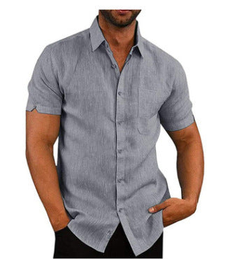Summer Lapels Solid Color Short Sleeve Button Linen Shirt Men's Clothing by http://Lolyshop.shop