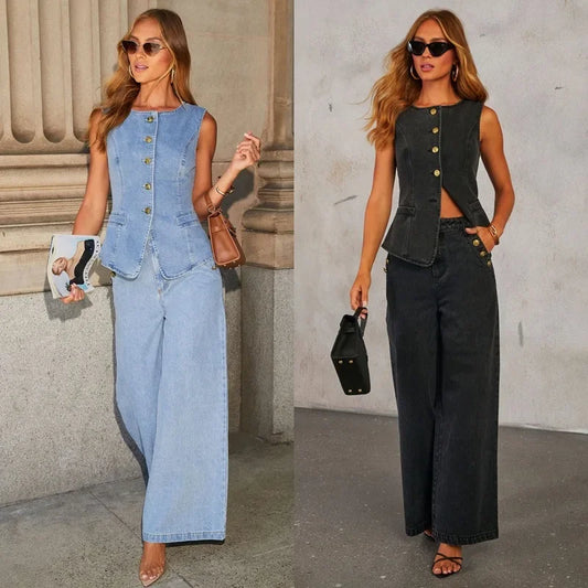 Denim Vest Tops Button Wide Leg Denim Pants Women Jeans Sets Denim 2 Piece Sets Vests Outfits Summer Tank Tops Jeans by http:// Lolyshop.shop