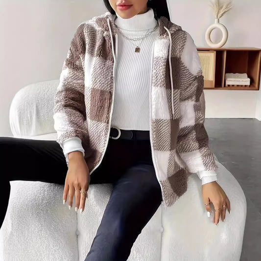 Elegant Plaid Loose Casual Long Sleeves Hooded - Http:// Lolyshop.shop