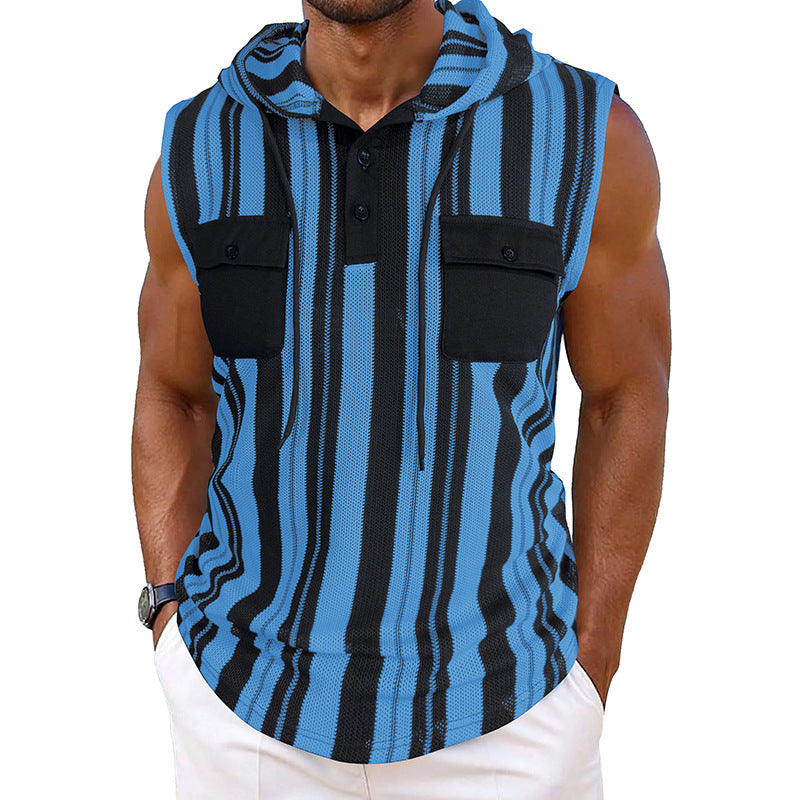 Men's Striped Sleeveless Hooded Vest Pocket by http://Loyshop.shop