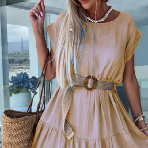 Women's Cotton Solid Color Multi-layer Hem Loose A- Line Dress
