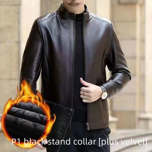 Leather Jacket For Middle-aged Men Leather Clothing With Stand Collar Men Fleece-lined by http://Lolyshop.shop