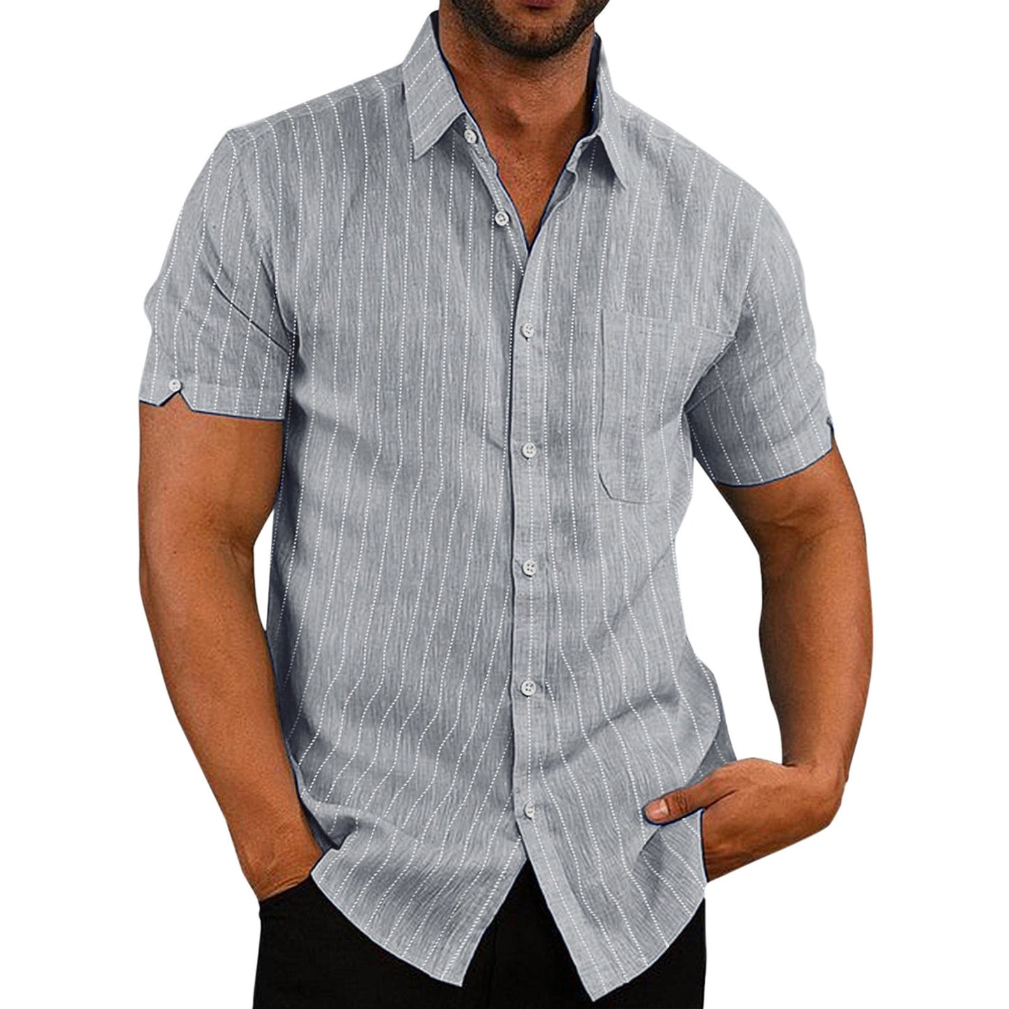 Summer Lapels Short Sleeve Solid Color Buttons Men's Striped Shirt Men's Clothing by http://Lolyshop.shop