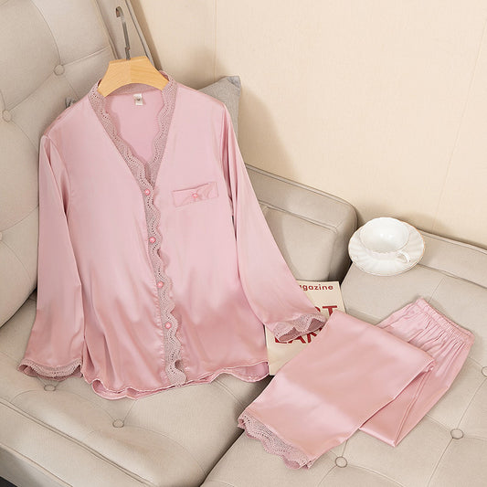 Thin Ice Silk Long Sleeve Trousers Two-piece Home Wear Suit by http://Lolyshop.shop