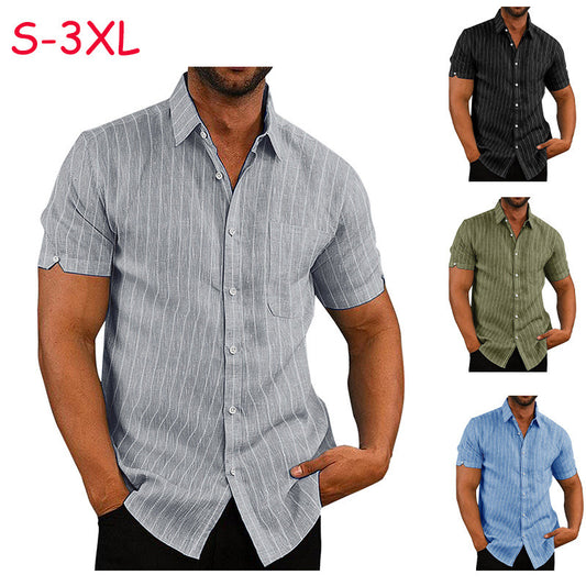 Summer Lapels Short Sleeve Solid Color Buttons Men's Striped Shirt Men's Clothing by http://Lolyshop.shop