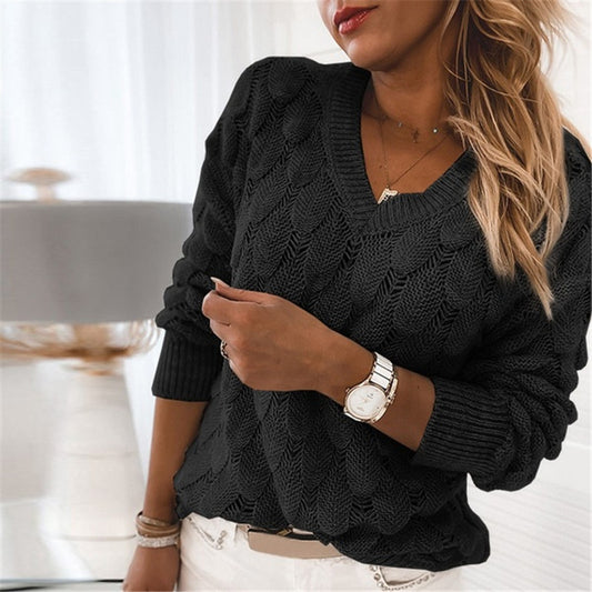 Ins Feather Hollow Knit Sweater Fashion V-neck Long-sleeved Top Women's Solid Color Clothing