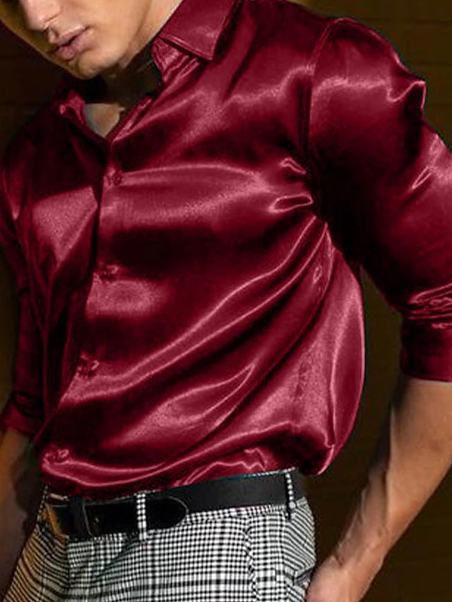 Men's Shirt Fashion Shiny Surface Lapel Long Sleeve Solid Color by http://Loyshop.shop