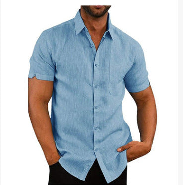 Summer Lapels Solid Color Short Sleeve Button Linen Shirt Men's Clothing by http://Lolyshop.shop
