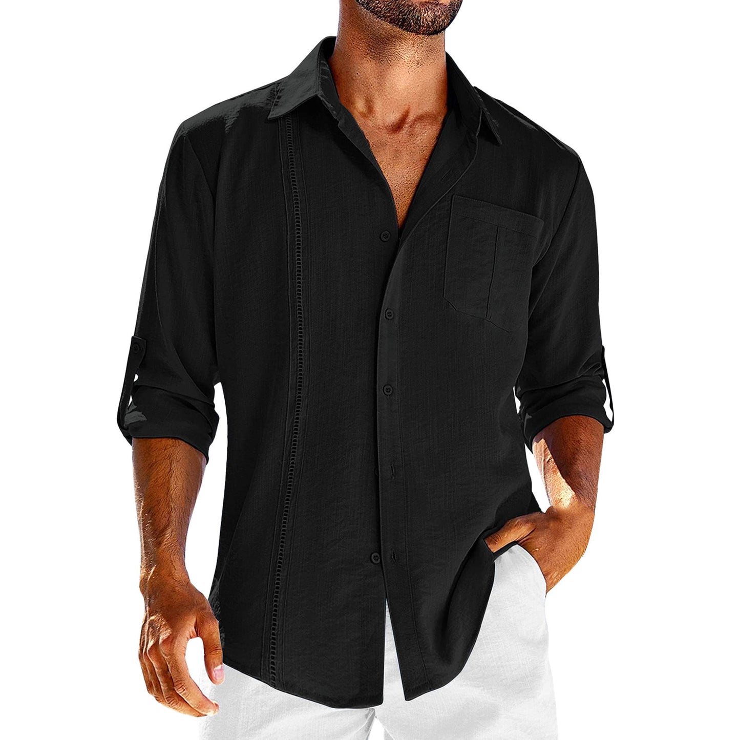 Casual Long Sleeve Shirt With Pocket Lace Polo Collar Solid Color Button Mens Clothing by http://Lolyshop.shop