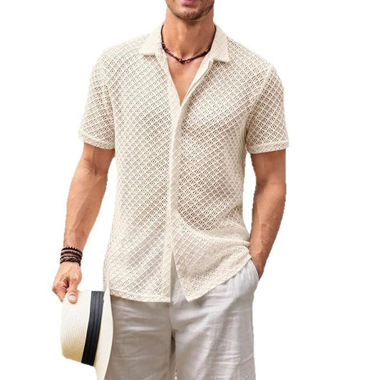 Summer Mesh Short Sleeve Shirt Fashion Solid Color Lapel Shirt Tops Beach Men Clothing by http://Lolyshop.shop