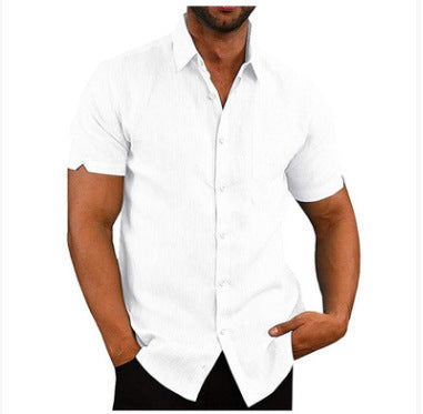 Summer Lapels Solid Color Short Sleeve Button Linen Shirt Men's Clothing by http://Lolyshop.shop