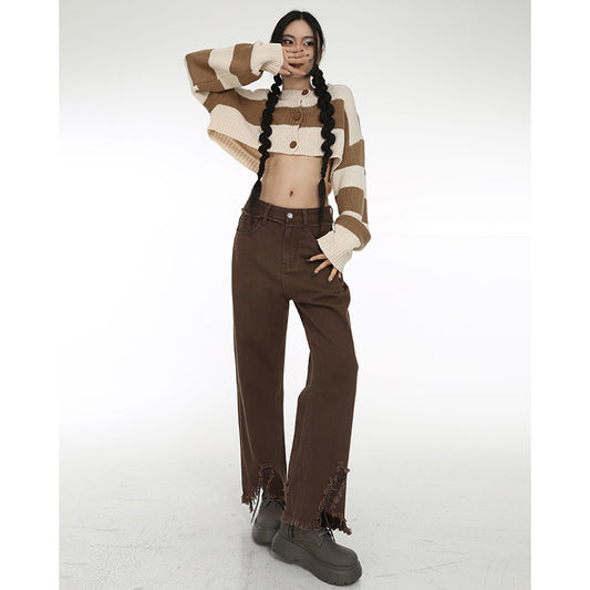 Coffee Colored Distressed Cropped Jeans For Women by http://Lolyshop.shop