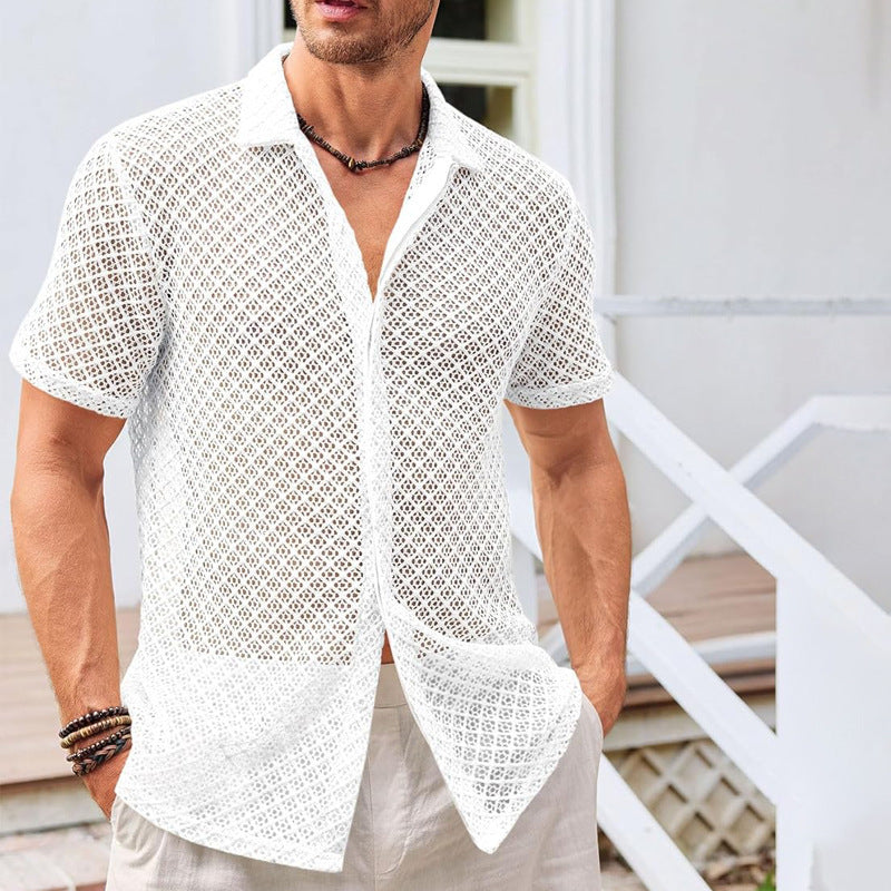 Summer Mesh Short Sleeve Shirt Fashion Solid Color Lapel Shirt Tops Beach Men Clothing by http://Lolyshop.shop