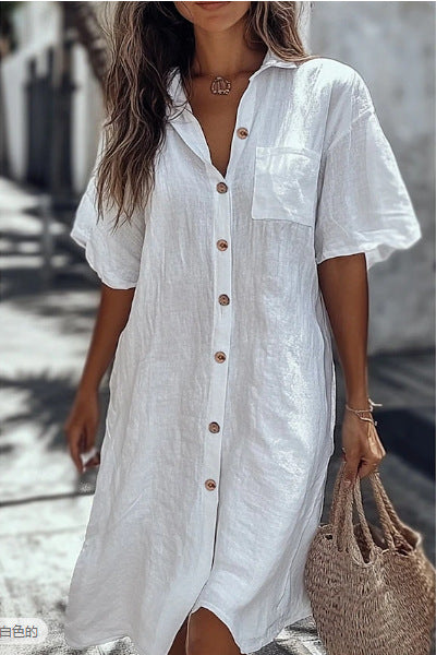 Casual Solid Shirt Dress Lady Fashion Short Sleeve Button Loose Dresses Women Elegant Office Skirt Women's Clothing Summer