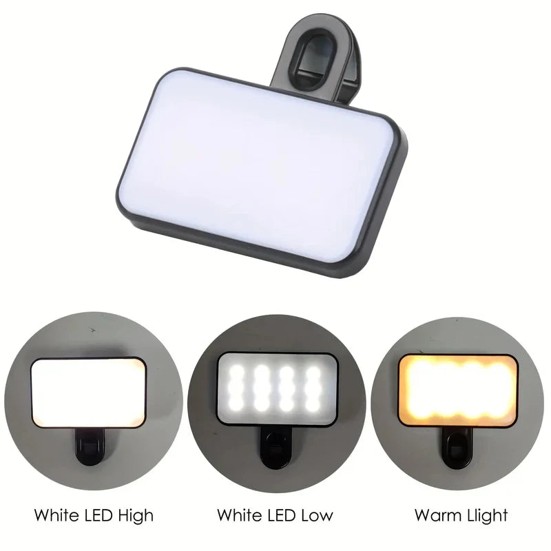Portable LED Mini Selfie Fill Light Rechargeable Rechargeable With Cable 3 Modes Adjustable Brightness Clip On For PC Phone