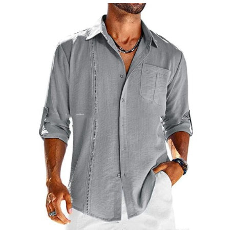 Casual Long Sleeve Shirt With Pocket Lace Polo Collar Solid Color Button Mens Clothing by http://Lolyshop.shop