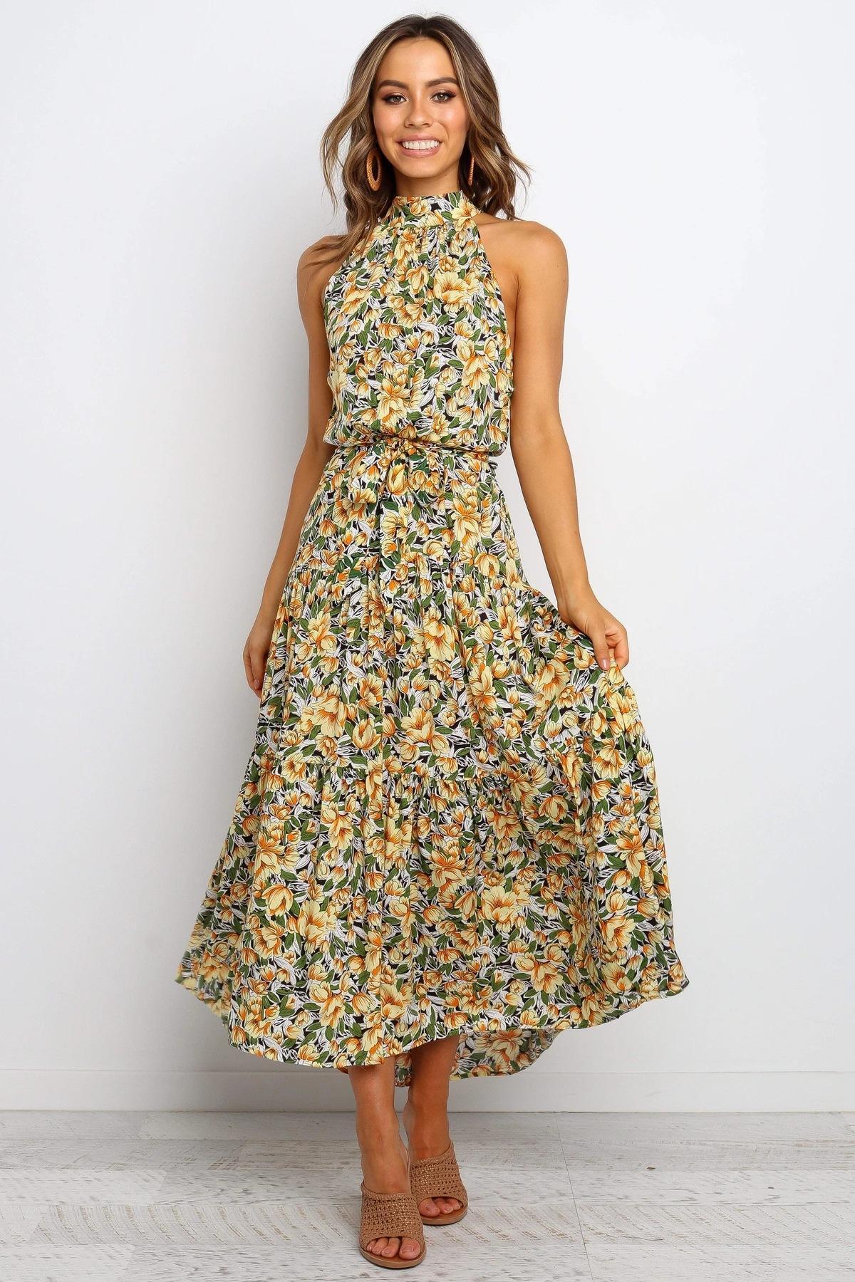 Floral Halter Strap Large Swing Dress Women's Clothing