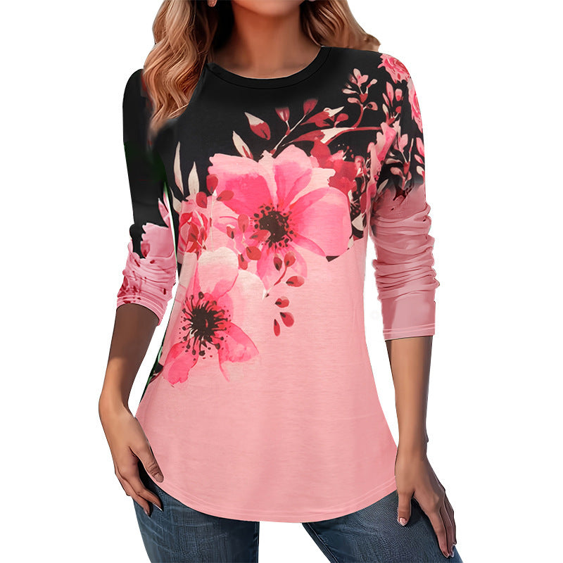 Vacation Style Flower Print Color Contrast Long Sleeve T-shirt Top