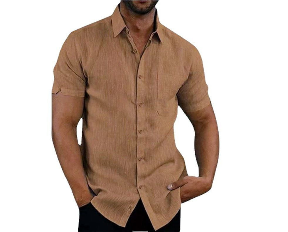 Summer Lapels Solid Color Short Sleeve Button Linen Shirt Men's Clothing by http://Lolyshop.shop