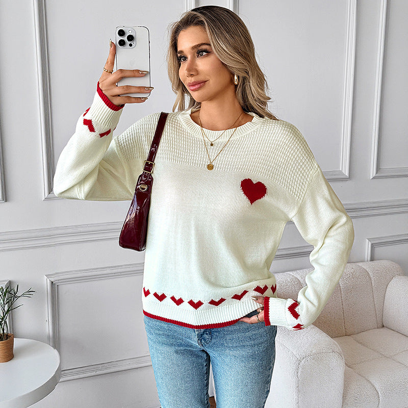 Women's Heart-shaped Jacquard Long-sleeved Pullover by http://Loyshop.shop