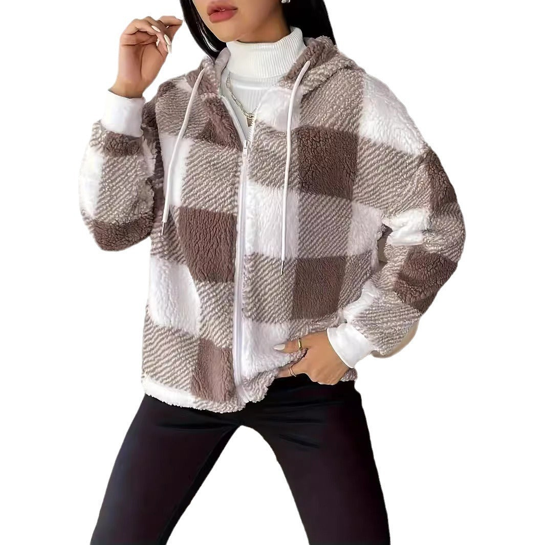 Elegant Plaid Loose Casual Long Sleeves Hooded - Http:// Lolyshop.shop