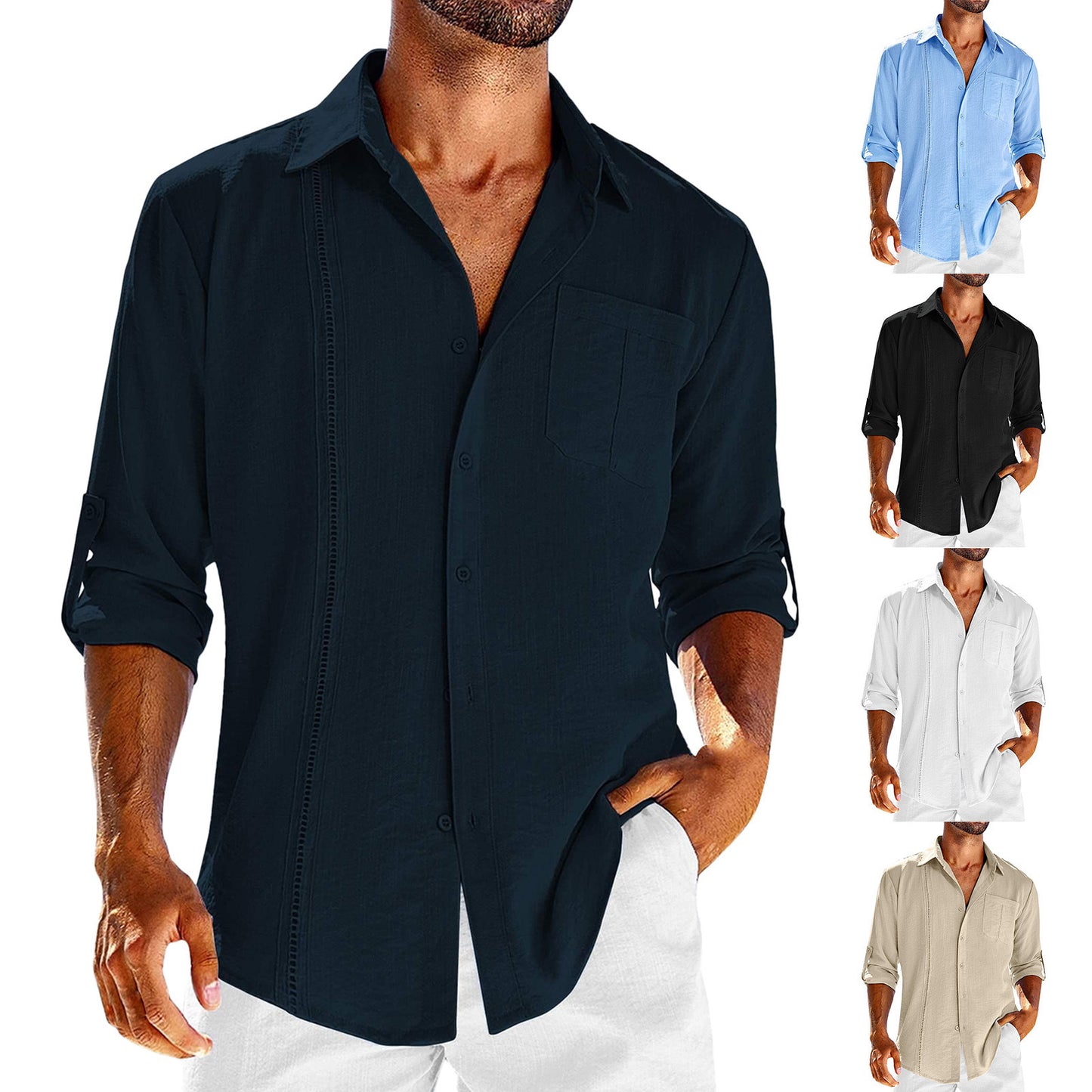 Casual Long Sleeve Shirt With Pocket Lace Polo Collar Solid Color Button Mens Clothing by http://Lolyshop.shop