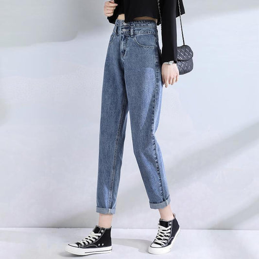 Double Buckle High Waist Loose Slim Jeans Women Covering Meat by http://Loyshop.shop
