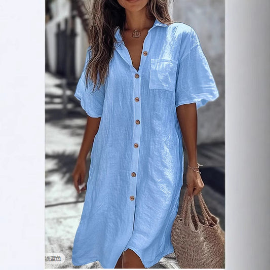 Casual Solid Shirt Dress Lady Fashion Short Sleeve Button Loose Dresses Women Elegant Office Skirt Women's Clothing Summer