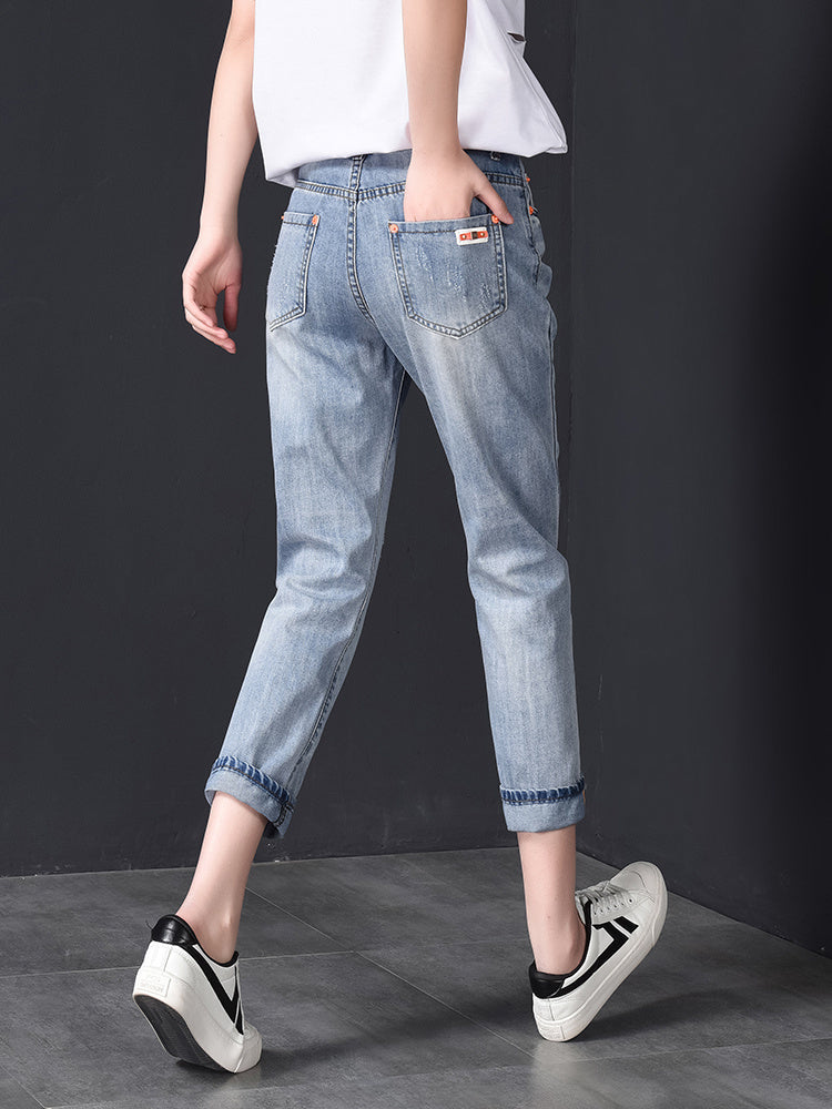 High Waist Nine-point Harem Daddy Women Pants Ripped Jeans Women