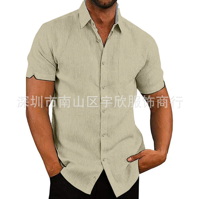 Summer Lapels Solid Color Short Sleeve Button Linen Shirt Men's Clothing by http://Lolyshop.shop