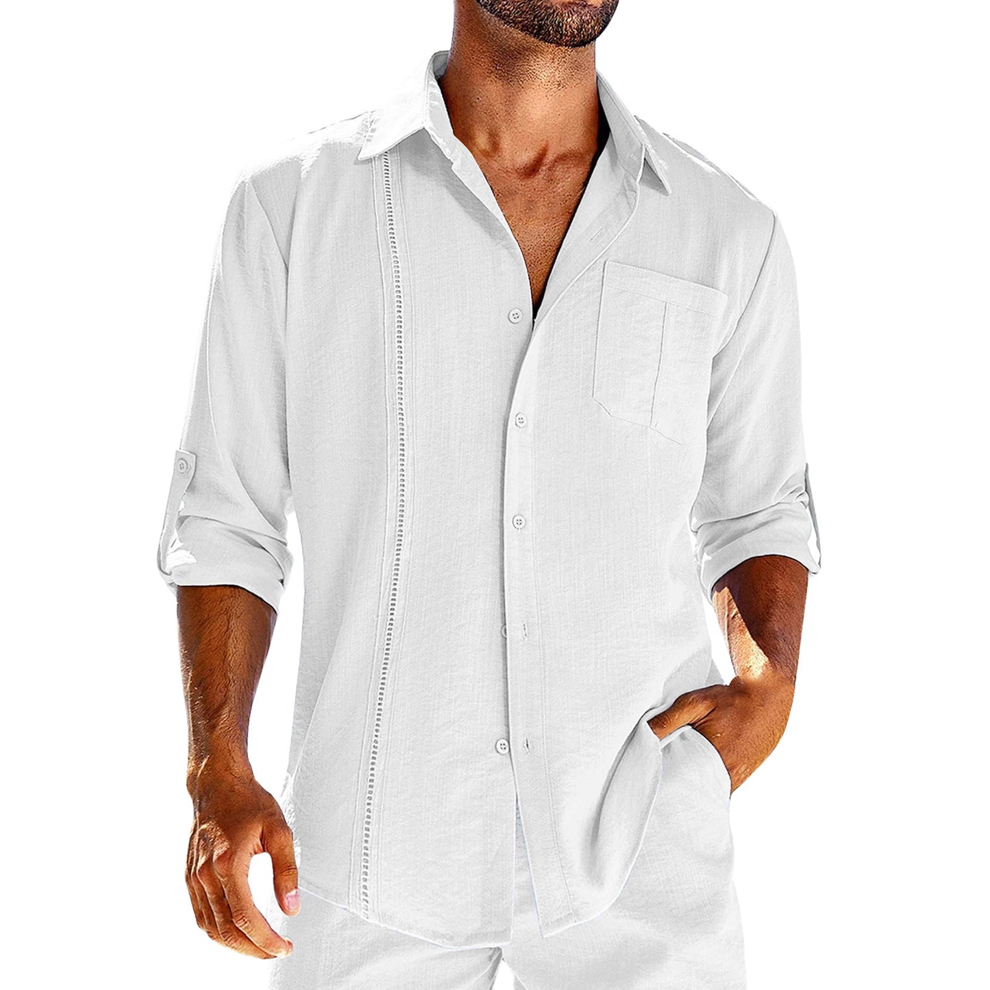 Casual Long Sleeve Shirt With Pocket Lace Polo Collar Solid Color Button Mens Clothing by http://Lolyshop.shop