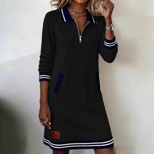 Casual Sports Dress Fashion Lapel Zipper Pockets Long Sleeve Dresses For Women Clothing
