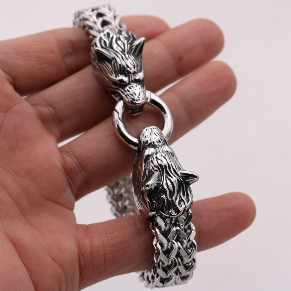Stainless Steel Wolf Head Bracelet Titanium Steel Double Ring Bracelet For Men