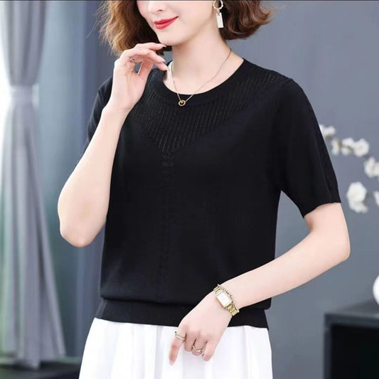 Summer Hollow-out Ice Silk Short Sleeve Middle-aged Round Neck Knitted Shirt Thin by http://Lolyshop.shop
