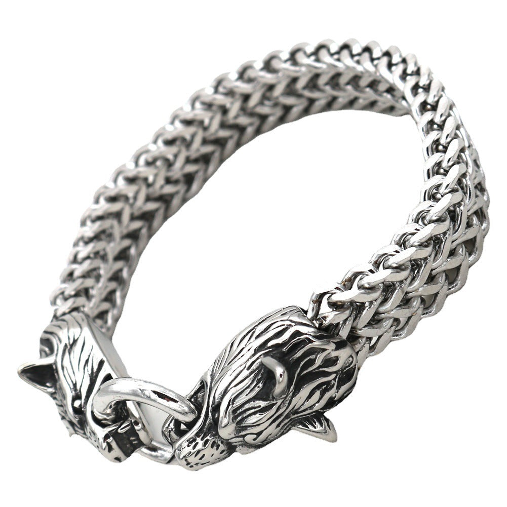 Stainless Steel Wolf Head Bracelet Titanium Steel Double Ring Bracelet For Men