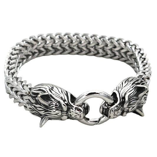 Stainless Steel Wolf Head Bracelet Titanium Steel Double Ring Bracelet For Men by http://Lolyshop.shop