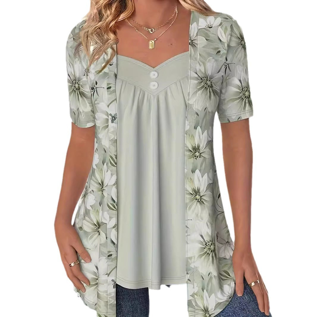 Fake Two Pieces Short Sleeve Printed Fashion Button Top