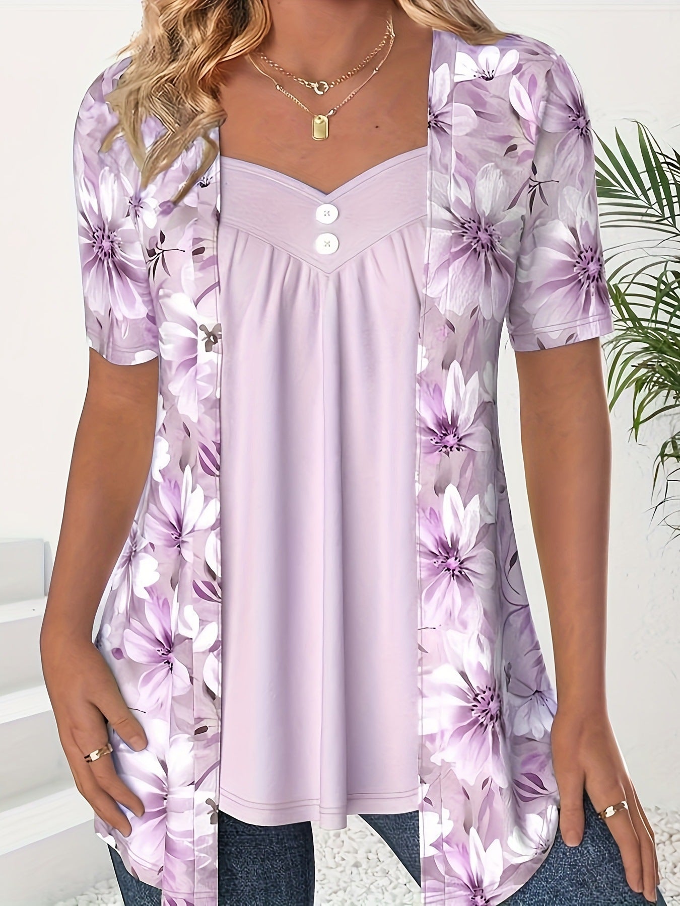 Fake Two Pieces Short Sleeve Printed Fashion Button Top