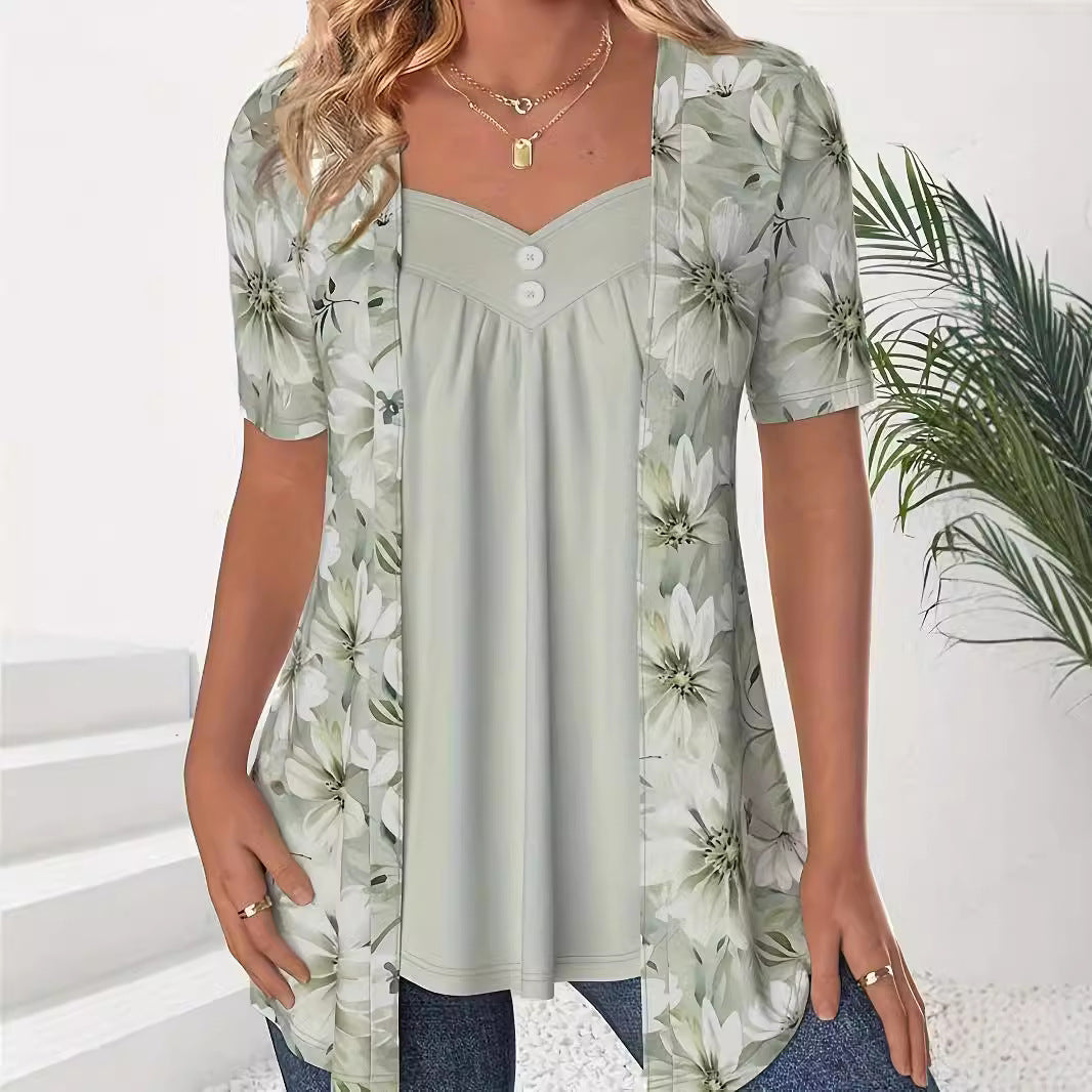 Fake Two Pieces Short Sleeve Printed Fashion Button Top