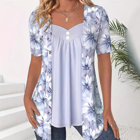 Fake Two Pieces Short Sleeve Printed Fashion Button Top by http://Lolyshop.shop