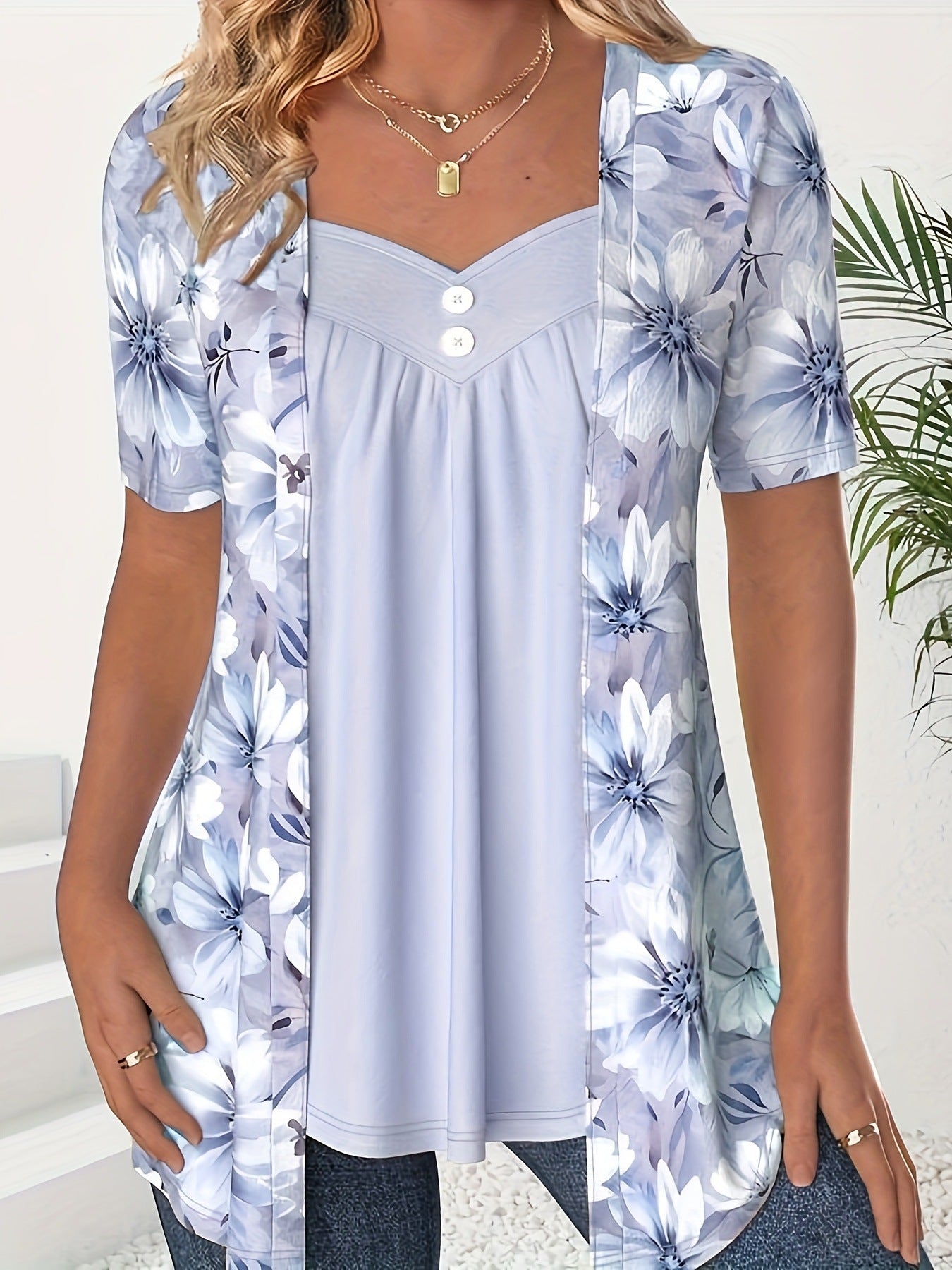 Fake Two Pieces Short Sleeve Printed Fashion Button Top